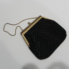 Evening Bag Black Faux Beaded Clutch VTG Purse Chain Hong Kong Formal Fashion