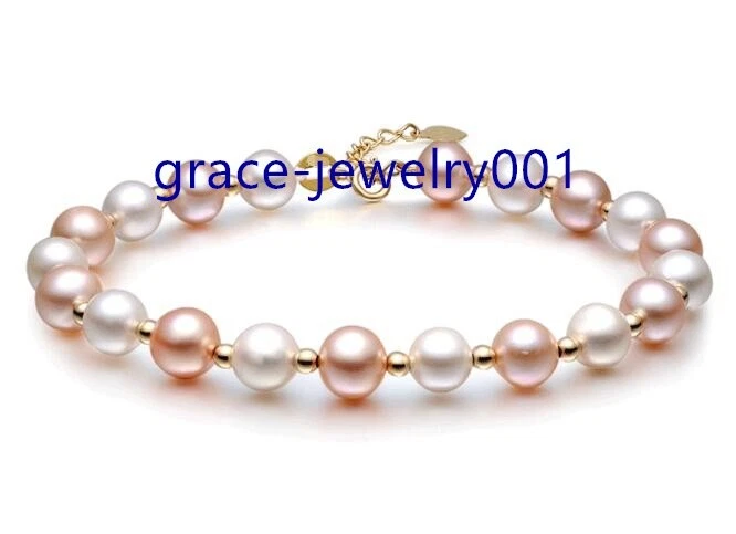 BRAZALETE DE PERLAS ROSAS BLANCAS GENUINAS 7,5-8" AAAA 6-7 MM MAR DEL SUR CIERRE DE ORO 14K Foto 4 de 4