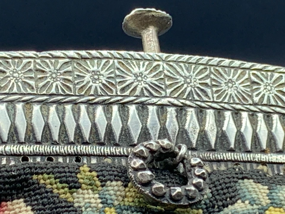 Old French Chatelaine Evening Purse Bag Sterling Silver Frame Petit Point c.1920 - Image 3 of 4