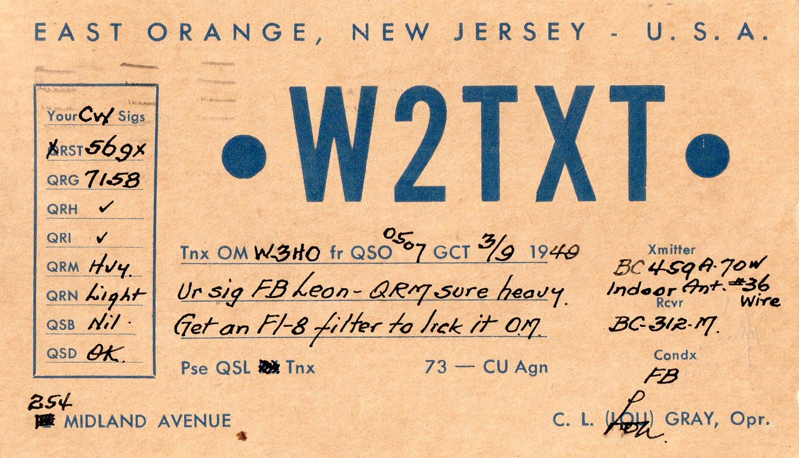 W2TXT QSL CardEast Orange, New Jersey1949 eBay