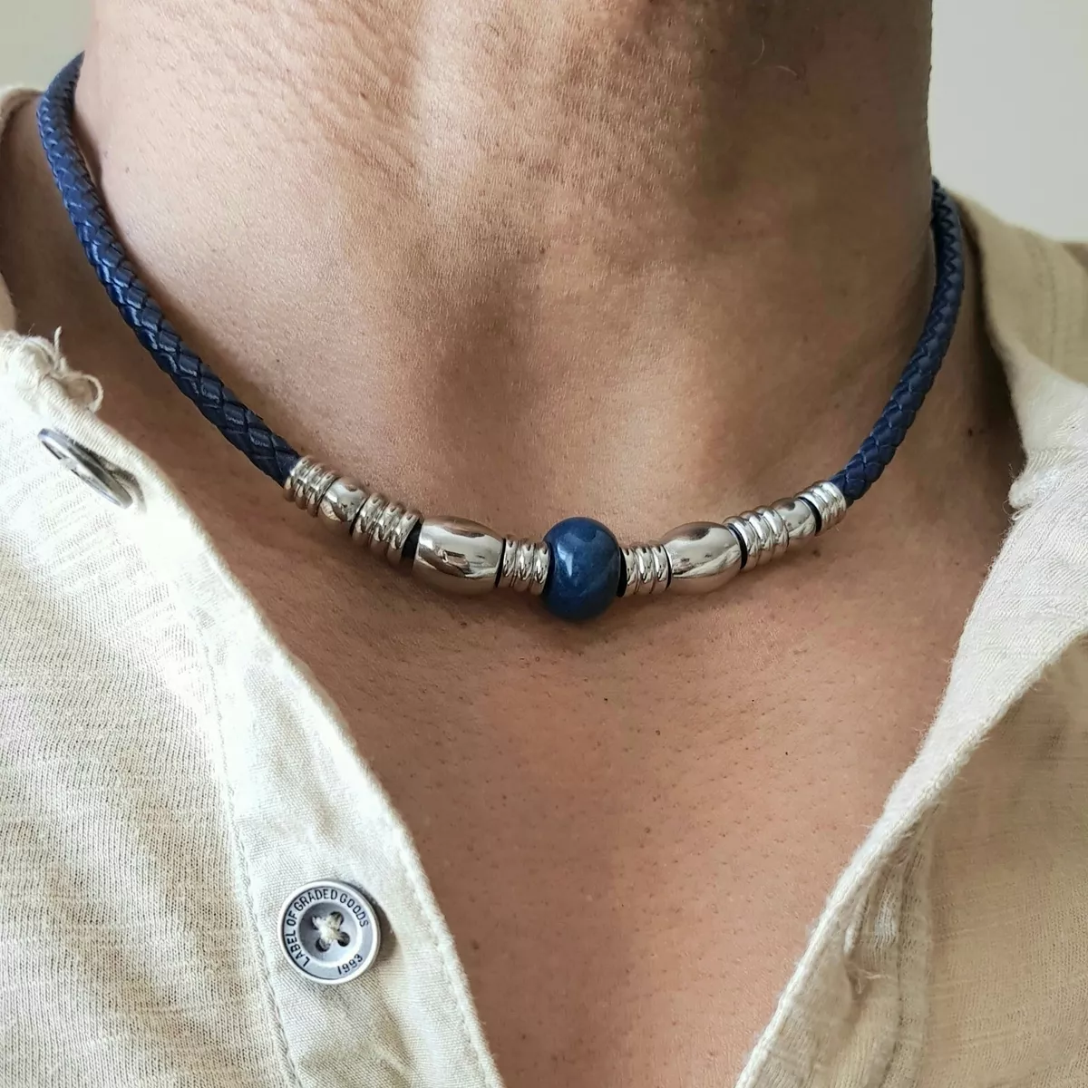 19.5 inch Mens Braided Leather and Stainless Steel Necklace | Shane Co.