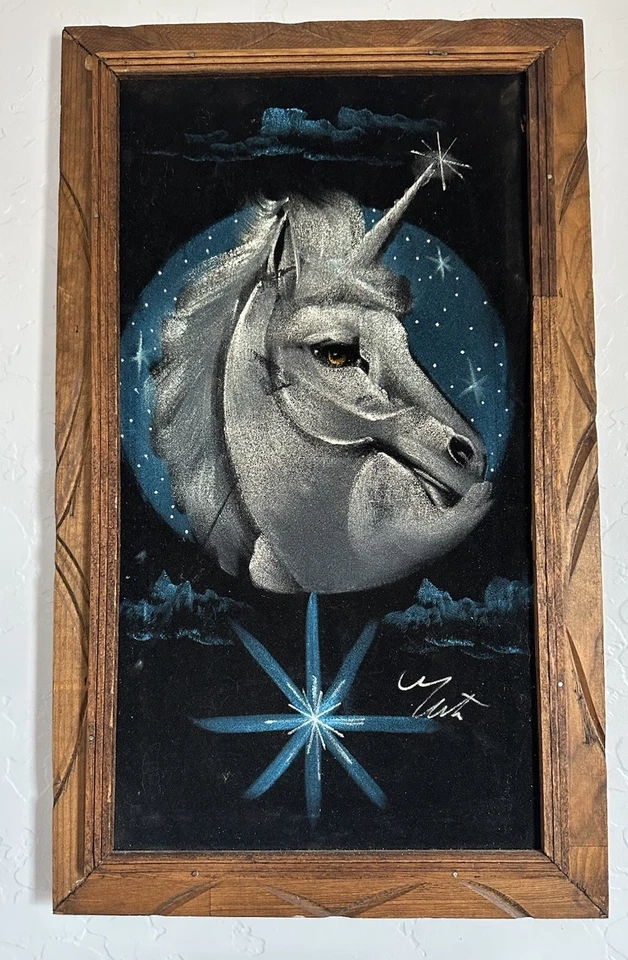 PINTURAS UNICORNIO TERCIOPELO NEGRO VINTAGE AÑOS 70 ENMARCADAS impresión artística 21,5x13,5 Foto 3 de 4