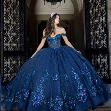 Blue Party Ball Gown Customized Off Shoulder Lace Applique Sequins Hollow Out