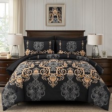 Black Queen Comforter Set, 7 Pieces Gold Boho Bed in a Bag for Queen Bed, Dam...