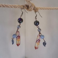 Handmade Multicolor Metal Beaded Dangle Drop Hook Earrings Leaf/Feather Charm