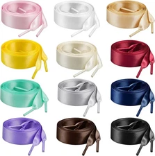 Marrywindix 12 Pairs 47" Flat Satin Ribbon Shoelaces Colorful Silk Shoestrings