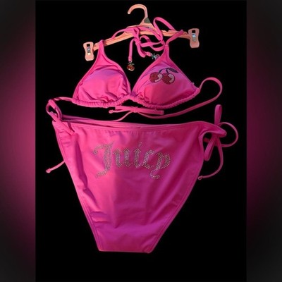 Juicy Couture Pink Cherry Rhinestone Bikini Set Size L NWT | eBay