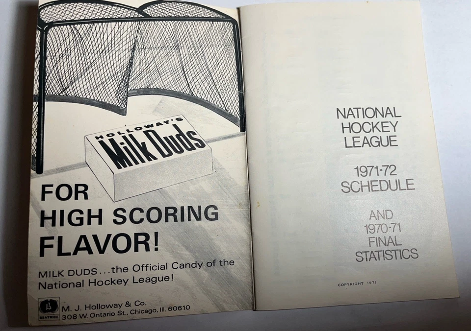 Calendario de hockey vintage 1971-72 mal estado pero impresionante Esposito Ad Chap Stic Foto 3 de 4