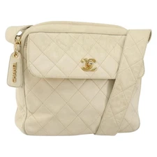 CHANEL Matelasse Shoulder Bag Lamb Skin White Gold CC Auth 156813
