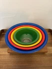 Vintage Pyrex Primary Colors Blue Red Yellow Green Glass Clear Bottom 4 Bowl Set