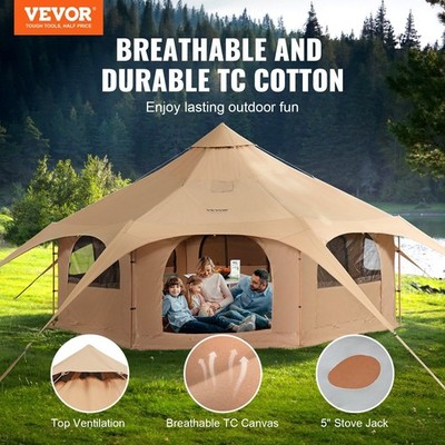 5m TC Canvas Bell Tent, Stove Jack & 8 Mesh Windows, 4-Season