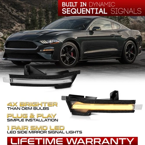 For 15-22 Ford Mustang "SEQUENTIAL SIGNAL" Amber Full LED Side Mirror Light Lamp