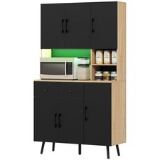 HOMCOM Tall Kitchen Cupboard with LED Lights and Adjustable Shelves, Oak