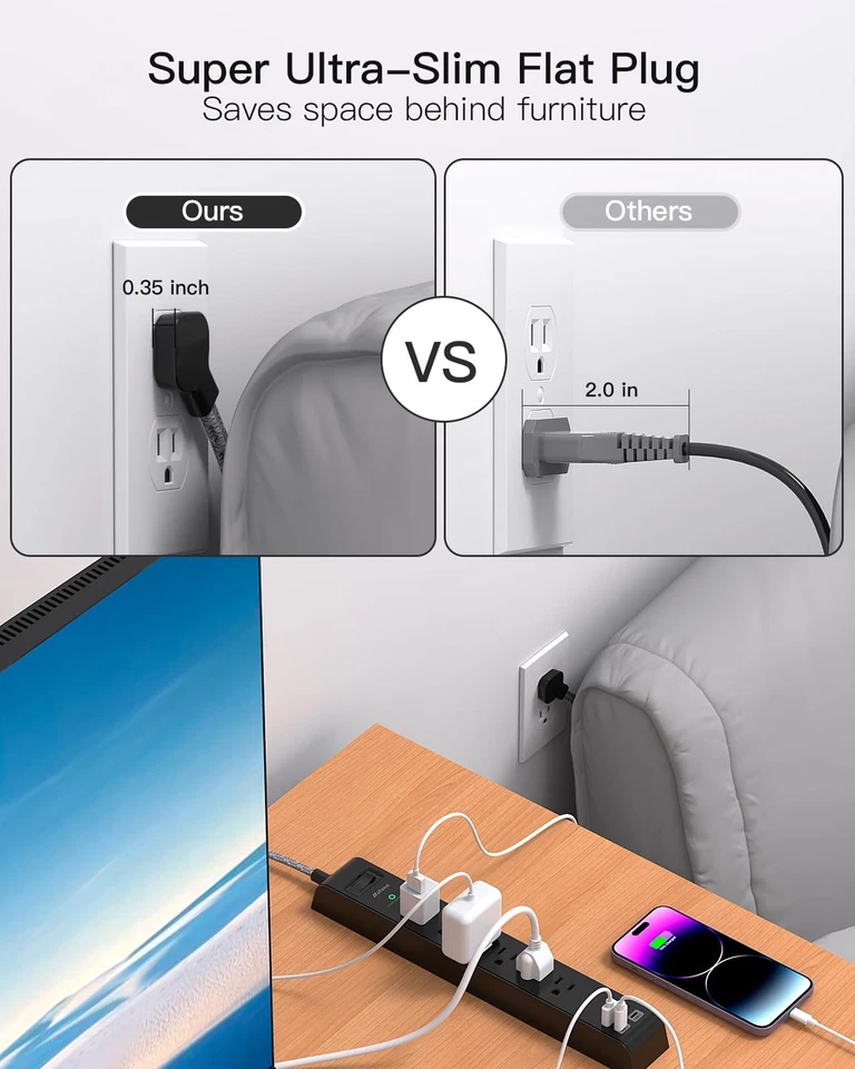 2-Pack Surge Power Strip 6 Outlets 4 USB 12ft Braided Cord Slim Flat Plug - Image 3 of 4