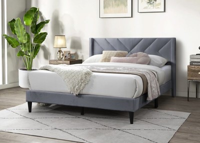 Elegant Modern Full Size Bed Clean Lines Design Headboard 1pc Gray Velvet Upho