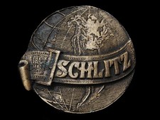 LF29136 VINTAGE 1970s  SCHLITZ BEER   GLOBE TRADEMARK LOGO BELT BUCKLE