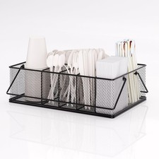 Countertop Paper Plate Organizer, Metal 6-Compartment Utensil Caddy Black