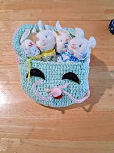 Cute Hand Knitted Easter Basket W/Handmade Baby Bunnies Inside