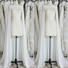 White Ivory Lace Chiffon Wedding Cape Long Bridal Cloak Evening Party CoverUp
