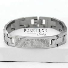 Men's 8" Stainless Steel 12mm BIBLE VERSES CROSS Spanish ID Band Bracelet Box