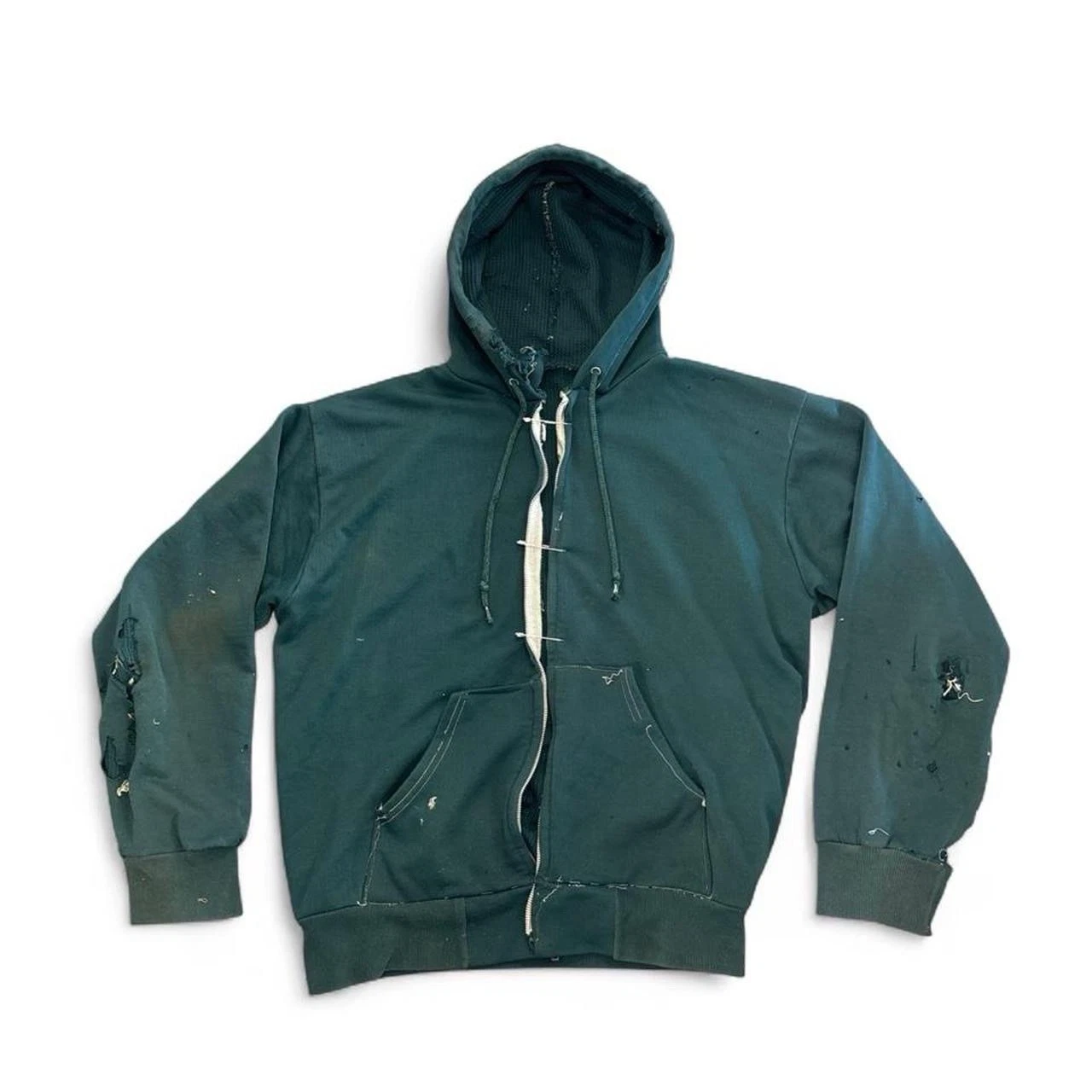 1970s 70s Thrashed Green Zip Up Hoodie Thermal Lined Zombie Vintage