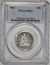 1862 Proof Seated 25c Silver Quarter PCGS PR 62