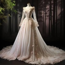 Medieval Victorian Evening Dresses Sweetheart Long Sleeves 3D Floral Prom Gowns