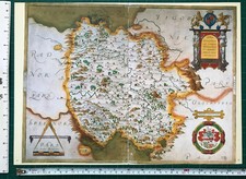 Old Tudor Saxton 1500's Map Herefordshire, England 1577 Antique Reprint Vintage