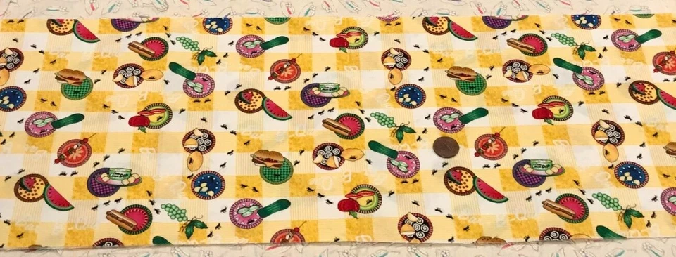 Picnic*Plates*Food & Ants*Yellow &White Checkered Cloth*Avlyn*100% Cotton*21"x8" - Image 3 of 4