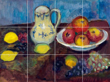 still life with fruits pitcher and lemons grapes ceramic tile mural backsplash