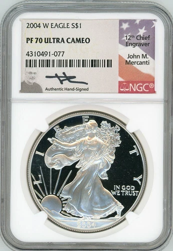 2004 W $1 1oz Proof Silver Eagle PR70 NGC John Mercanti