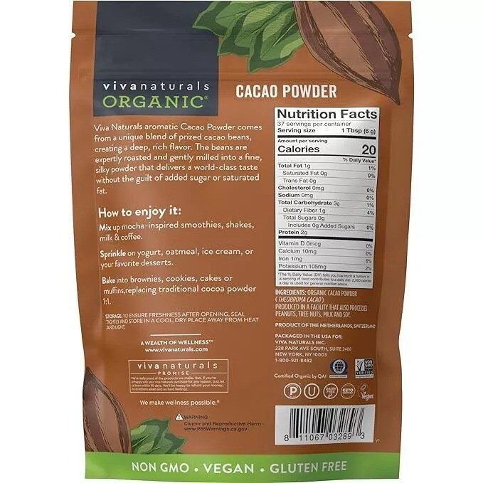 Organic Unsweetened Cacao Powder with Rich Dark Chocolate Flavor NEW
