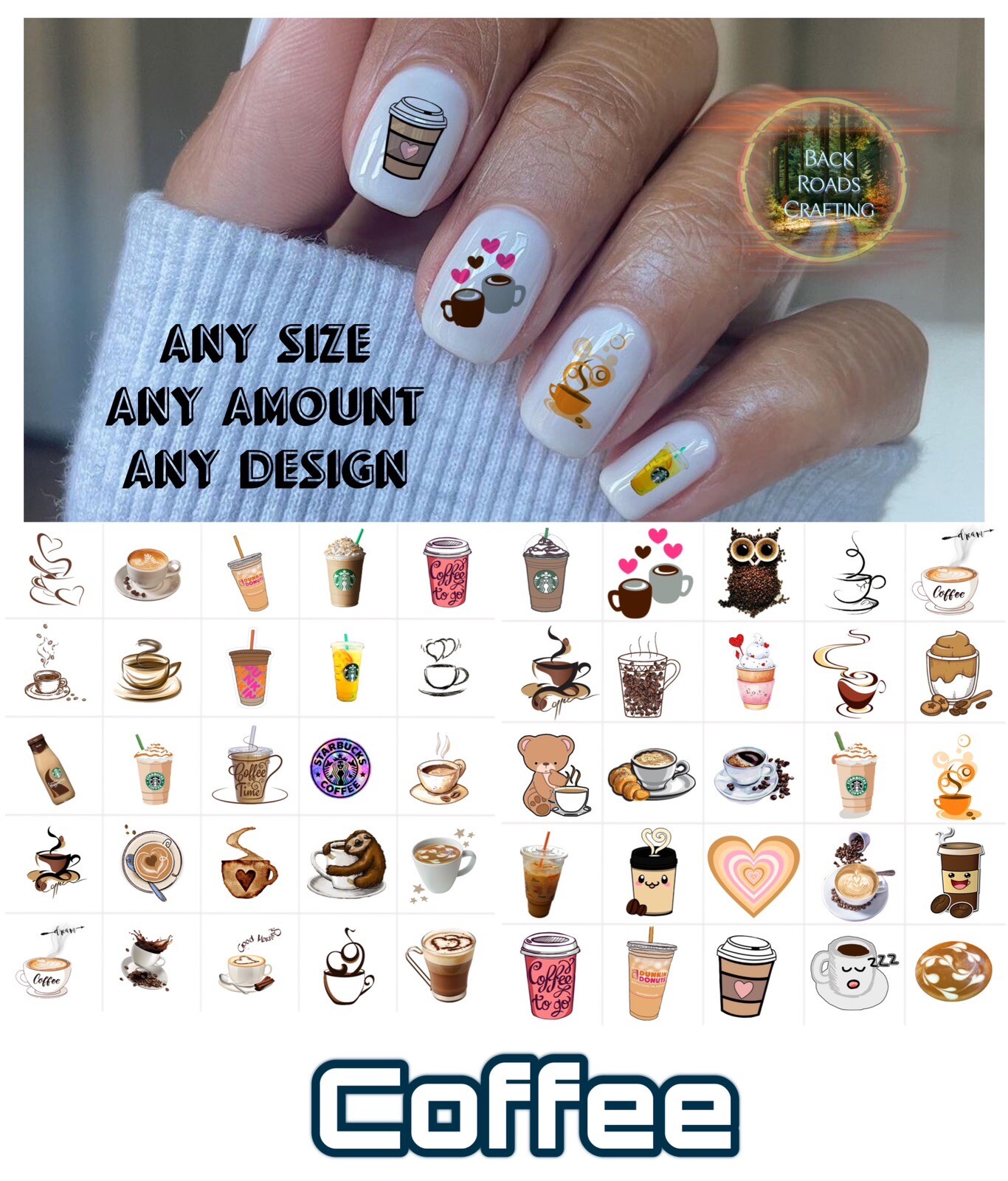 50 Coffee Waterslide Nail Decals with Instructions & Bonus Design  