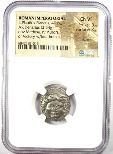 L. Plautius Plancus AR Denarius Medusa Coin 47 BC - Certified NGC Choice VF - Picture 2 of 4