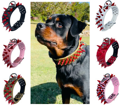 Dog Collar Sharp Red Spikes Spike Adjustable Rivet PU Leather  2'' wide S M L XL