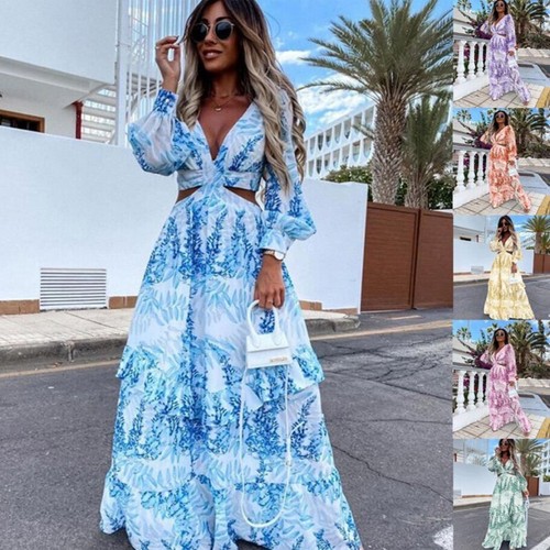 Boho Printed High Waist Long Sleeve Chiffon Dress Women Beach Party Maxi  Dresses | eBay