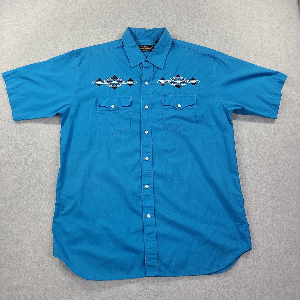 High Noon Western Shirt Men's Large SS Blue Aztec Embroidery Pearl Snap Button - Image 2 of 4