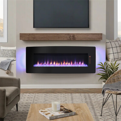 48'' Wall Mounted/Freestanding Electric Fireplace Heater Curved Design &Backlight