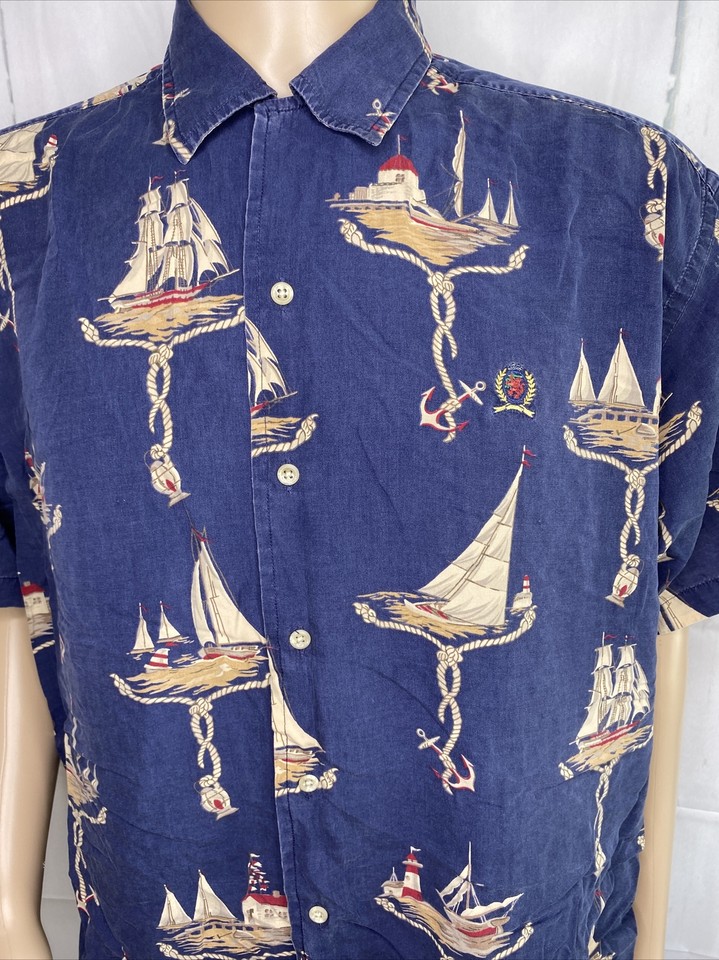 Vintage Tommy Hilfiger Shirt Camp Nautical Boats Sailing 90s Retro