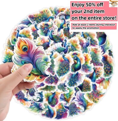 50pc Waterproof Vinyl Stickers Peacock Peafowl Luggage Phone Laptop Water Bottle