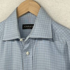 CANALI Shirt Mens 15 38 Dress Glen Plaid Button Up Woven Cotton Blue Italy