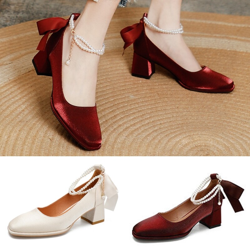 Elegant Ladies Mid Heel Mary Jane Wedding Shoes with Ankle Strap for Parties