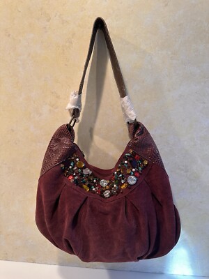 NEW Bloomingdales Burgundy Beaded Suede Leather Snake Purse Hobo Bag Was$1300