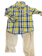 Carters Outfit Set Khaki Pant Plaid Button Up Long Sleeve Shirt Boy Sz 18 Mo