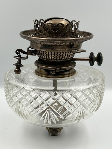 Antique Oil Lamp Brass Burner and Cut Glass Font.