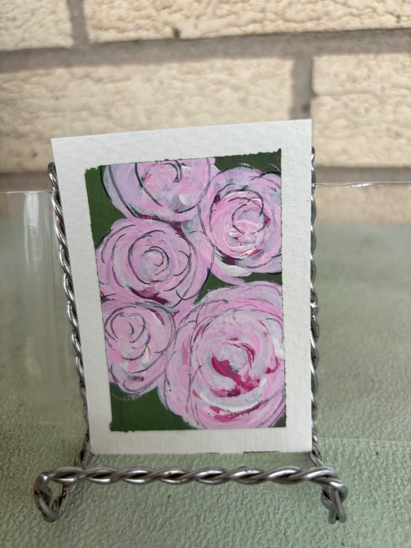 ACEO ATC OOAK  Pink Roses on Green Mini Painting Acrylic 2.5”x3.5” Original