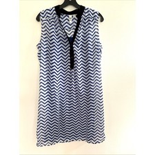 Tacera Blue White Chevron Sleeveless Shift Dress Black Trim V-Neck Womens Medium