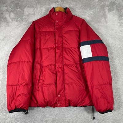 Tommy Hilfiger Reversible Puffer Jacket Mens Small Red Black Flag Logo Down Fill