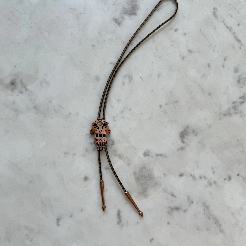 Corbata vintage de cobre sureste Thunderbird Bolo cuero trenzado azteca suroeste Foto 4 de 4