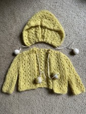 Vintage Doll Crocheted Cardigan Bonnet Yellow Knit Pom Poms